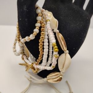 Shell & Bead Layered Wrap Bracelet Set  - Gold and White With Necklace